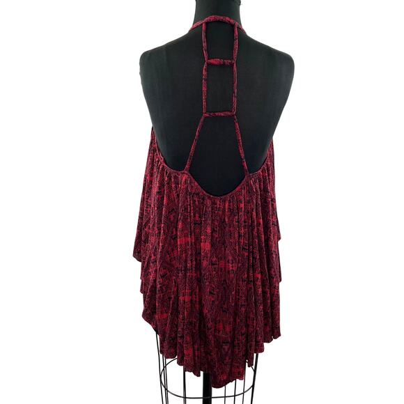 FREE PEOPLE Burgundy Blouse Viscose Asymmetric Printed Back Double Dutch S Small - Picture 5 of 8